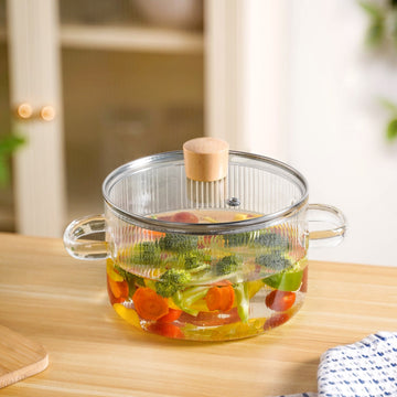 Transparent Ribbed Borosilicate Glass Cooking Pot With Lid 1800ml