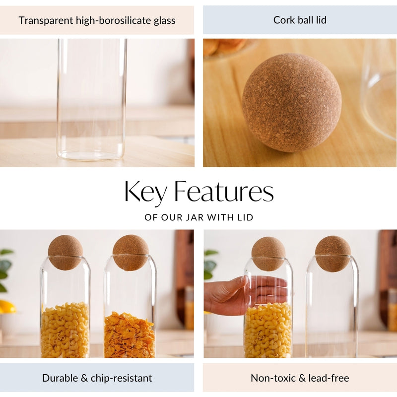 Transparent Glass Airtight Jar With Ball Cork Lid Set Of 2 1000ml