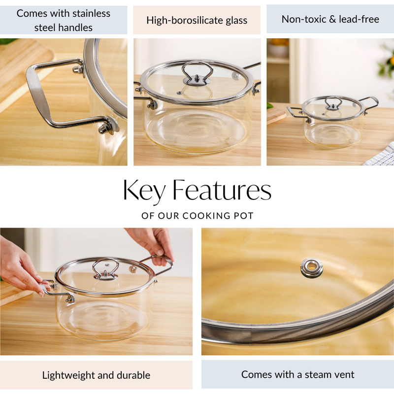 Transparent Glass Cooking Pot With Stainless Steel Grip Handles 2500ml