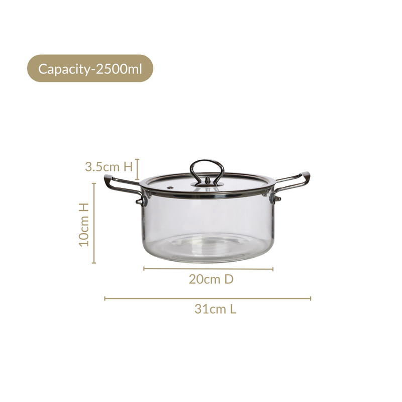 Transparent Glass Cooking Pot With Stainless Steel Grip Handles 2500ml