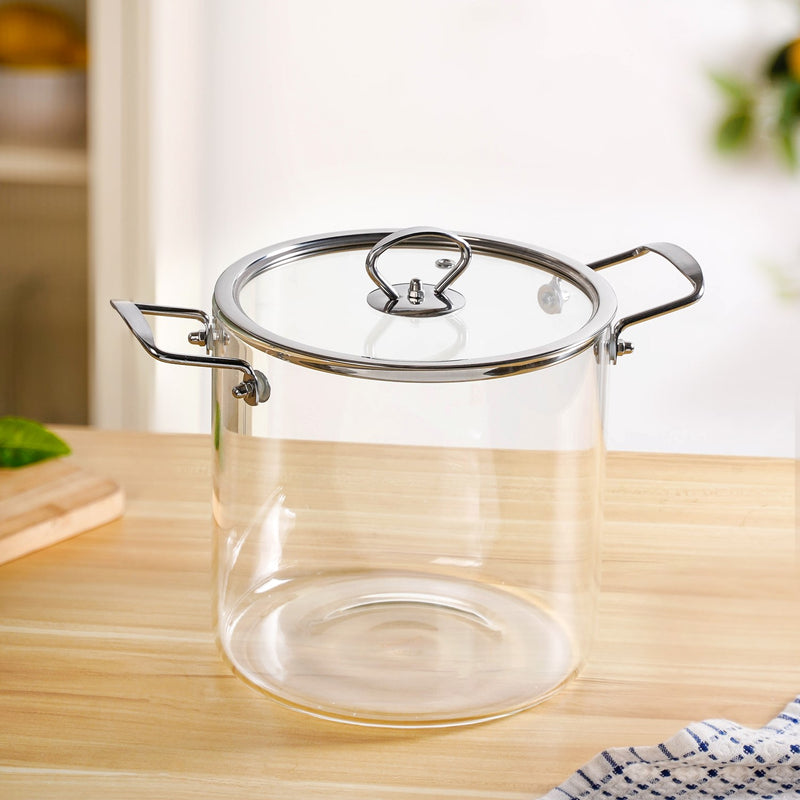 Transparent Glass Soup Pot With Stainless Steel Handle Extra Large 5500ml