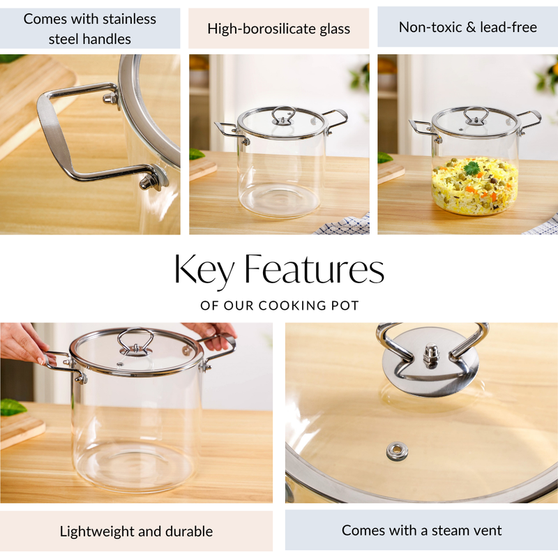 Transparent Glass Soup Pot With Stainless Steel Handle Extra Large 5500ml