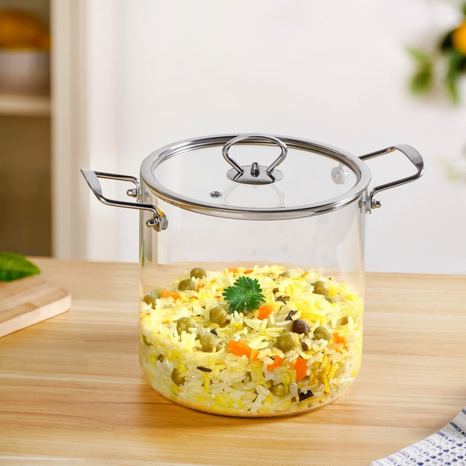 Transparent Glass Soup Pot With Stainless Steel Handle Extra Large 5500ml