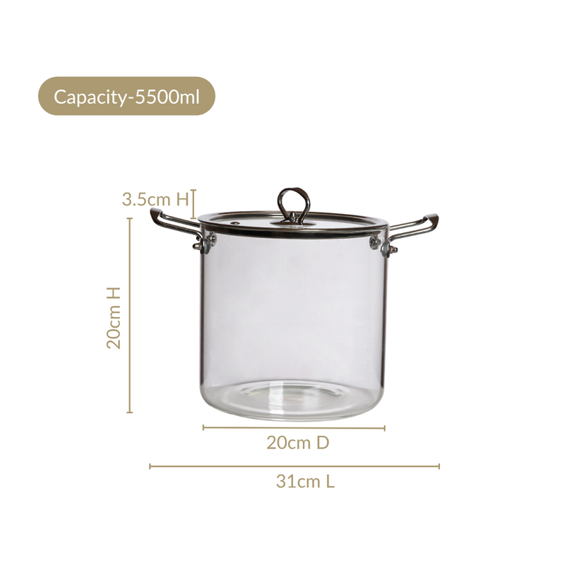 Transparent Glass Soup Pot With Stainless Steel Handle Extra Large 5500ml