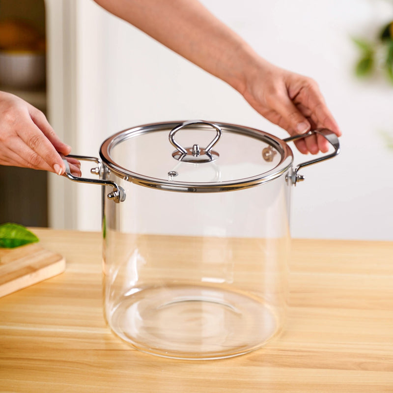 Transparent Glass Soup Pot With Stainless Steel Handle Extra Large 5500ml