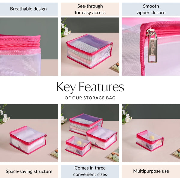 Travel Organiser Storage Bags In Pink Set Of 3