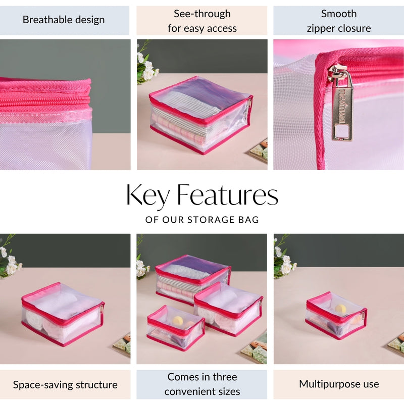 Travel Organiser Storage Bags In Pink Set Of 3