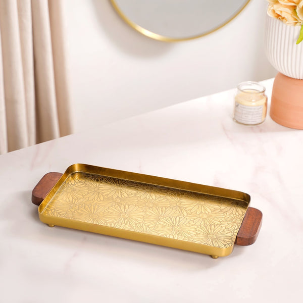 Small Daisy Embossed Metal Tray With Mango Wood Handles