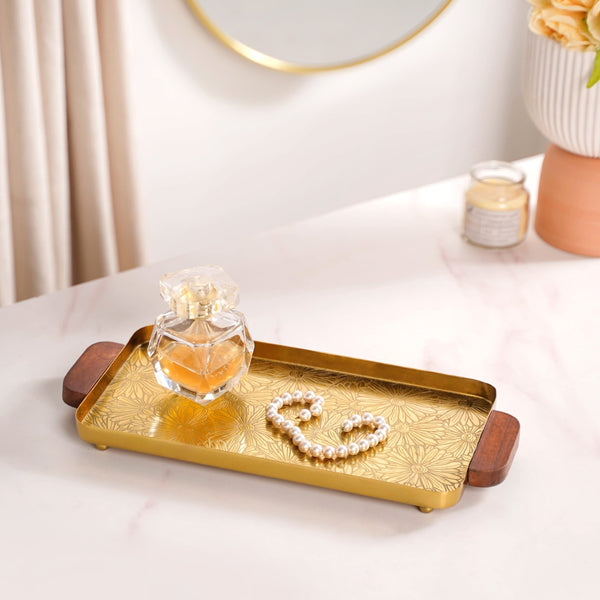 Small Daisy Embossed Metal Tray With Mango Wood Handles