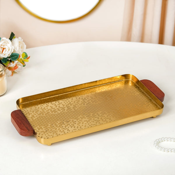 Geometric Embossed Rectangle Metal Tray With Wooden Handles