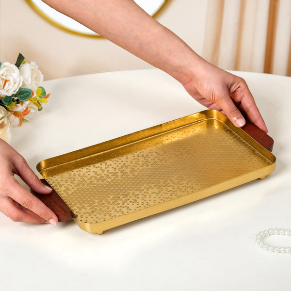 Geometric Embossed Rectangle Metal Tray With Wooden Handles