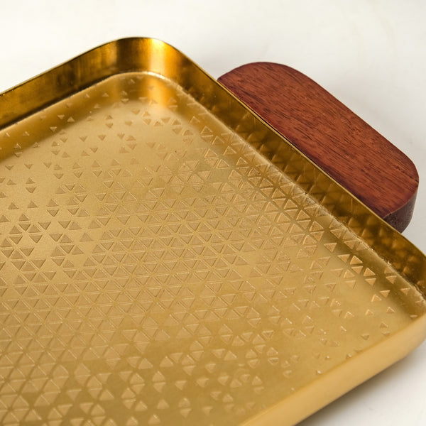 Geometric Embossed Rectangle Metal Tray With Wooden Handles