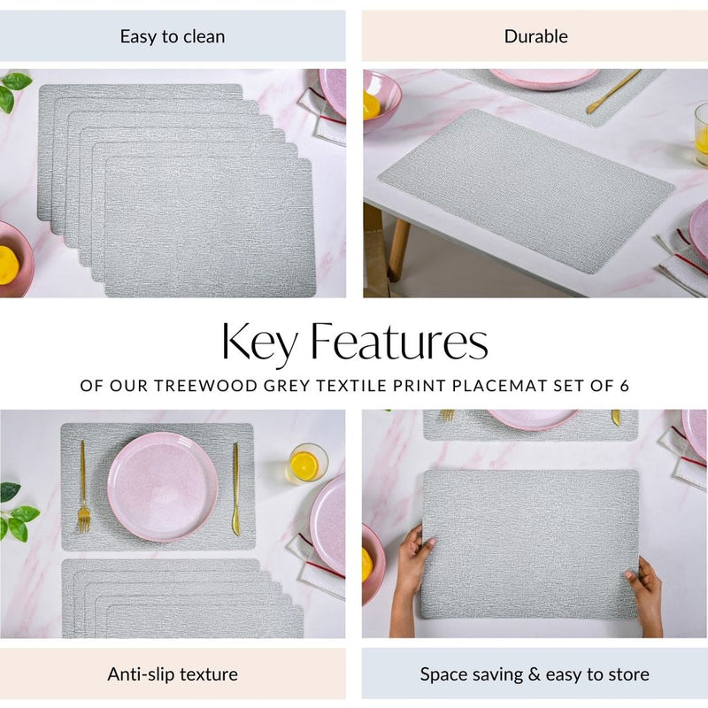 Treewood Grey Textile Print Placemat Set Of 6