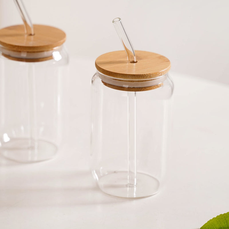 Trendy Glass Tumbler With Straw And Wooden Lid Set Of 2 400ml