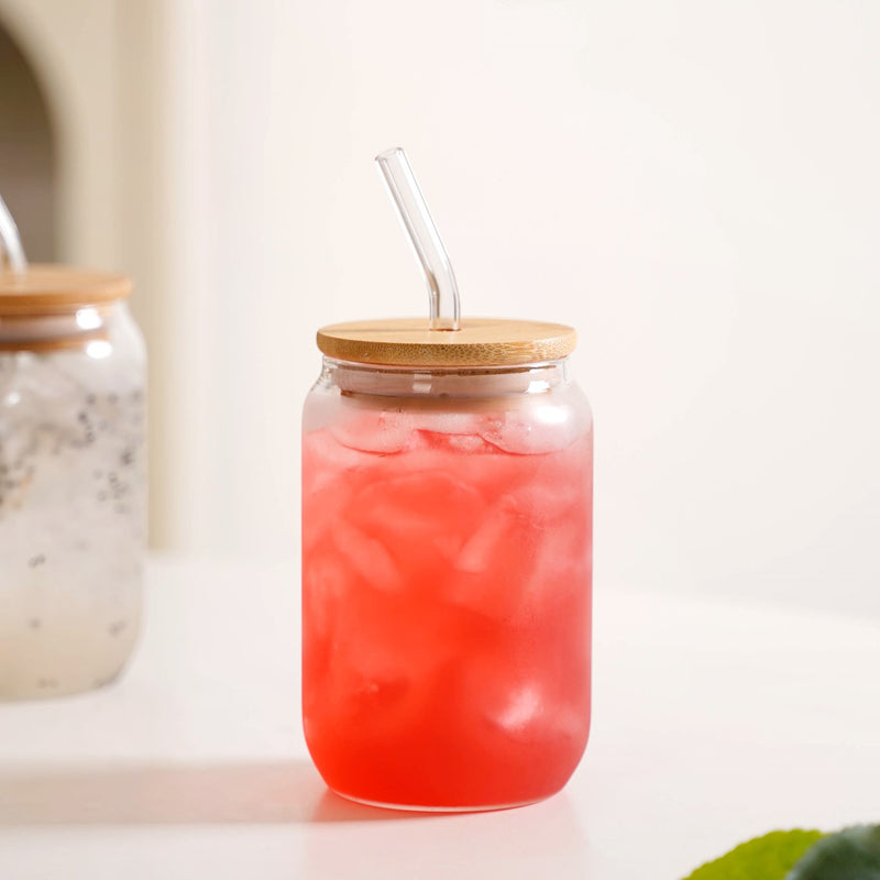 Trendy Glass Tumbler With Straw And Wooden Lid Set Of 2 400ml