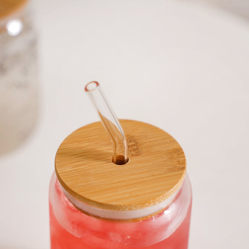 Trendy Glass Tumbler With Straw And Wooden Lid Set Of 2 400ml