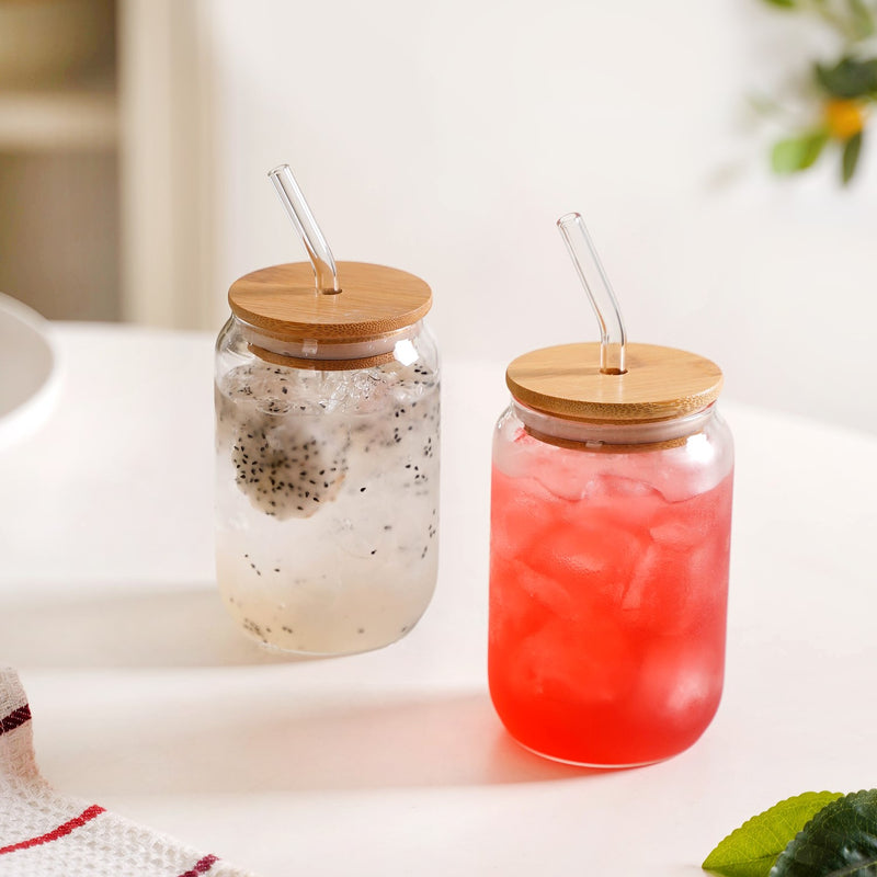 Trendy Glass Tumbler With Straw And Wooden Lid Set Of 2 400ml