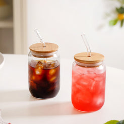 Trendy Glass Tumbler With Straw And Wooden Lid Set Of 2 400ml