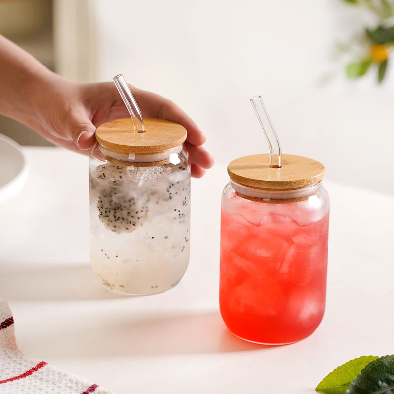 Trendy Glass Tumbler With Straw And Wooden Lid Set Of 2 400ml