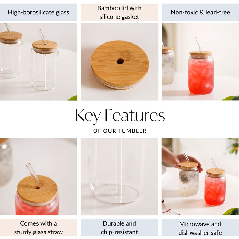 Trendy Glass Tumbler With Straw And Wooden Lid Set Of 2 400ml