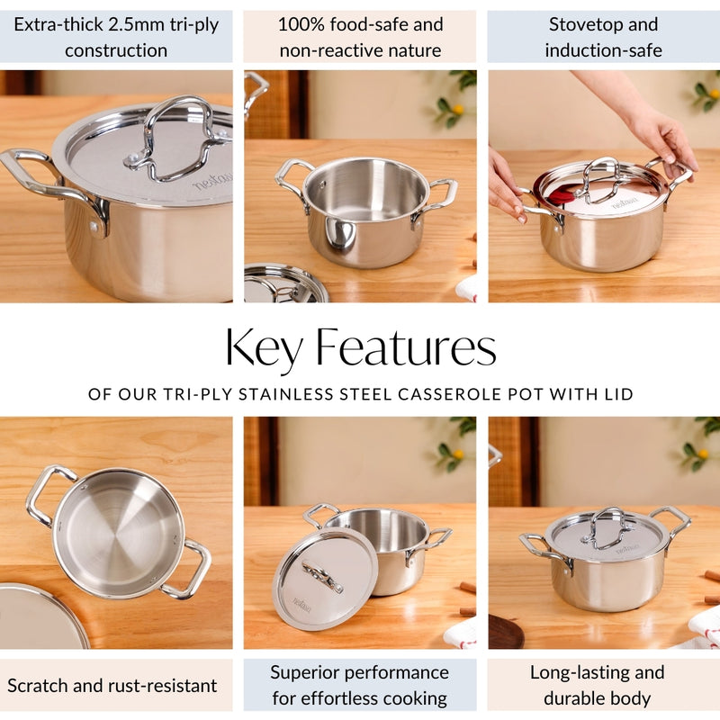Tri Ply Stainless Steel Casserole Pot With Lid 2300ml