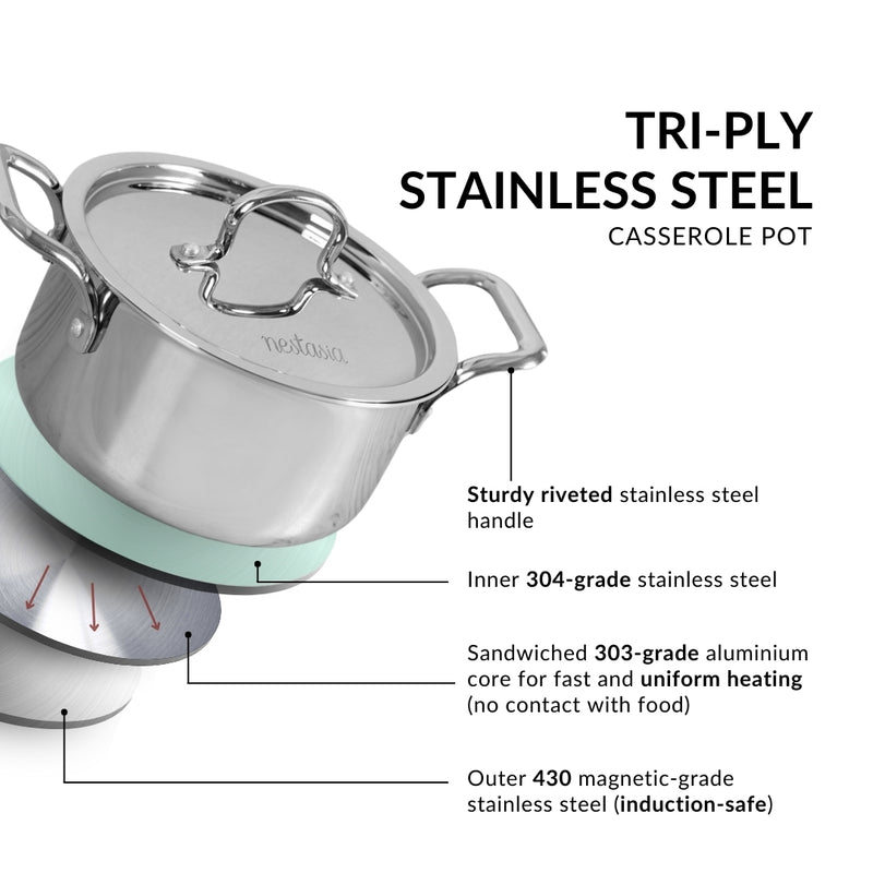Tri Ply Stainless Steel Casserole Pot With Lid 2300ml