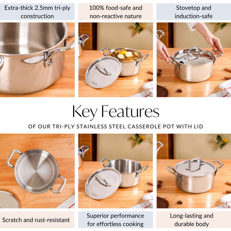 Tri Ply Stainless Steel Casserole Pot With Lid 3000ml