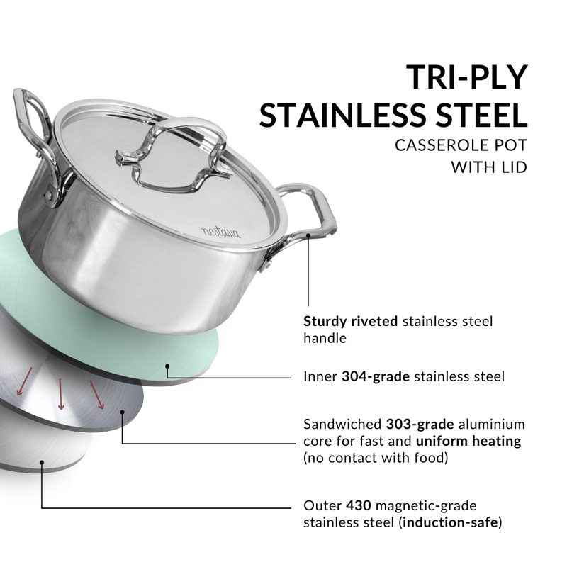 Tri Ply Stainless Steel Casserole Pot With Lid 3000ml