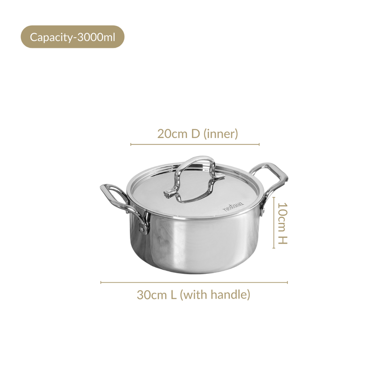 Tri Ply Stainless Steel Casserole Pot With Lid 3000ml