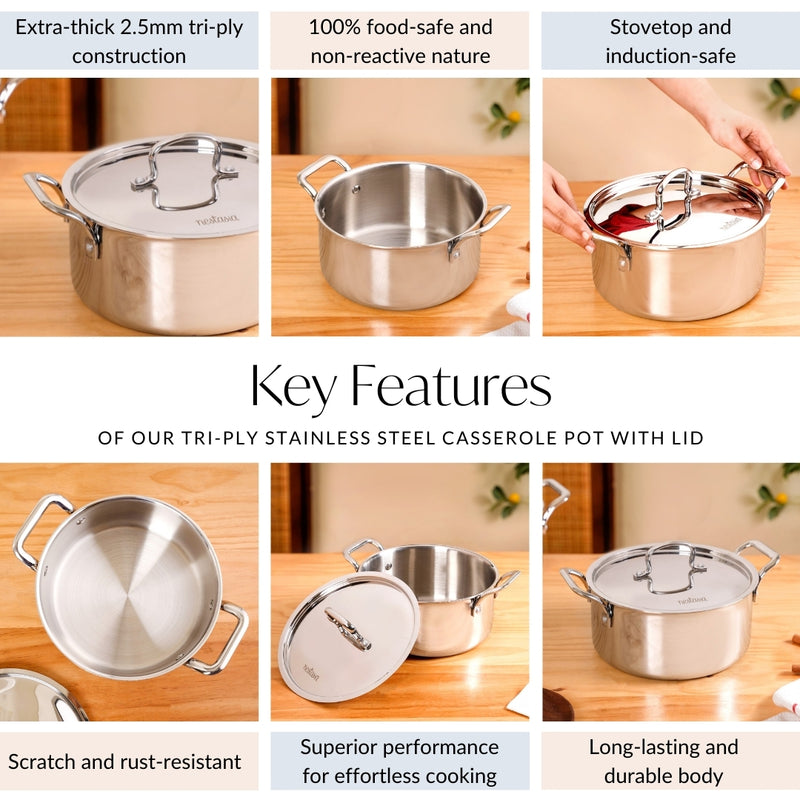 Tri Ply Stainless Steel Casserole Pot With Lid 4000ml