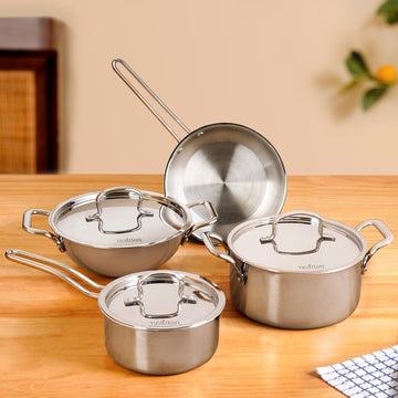TriCore Cookware Set With Frying Pan Kadai Casserole And Sauce Pan