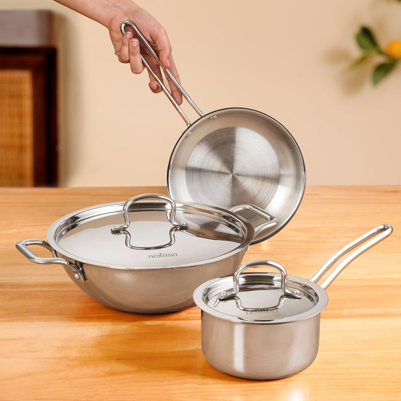 TriCore Stainless Steel Kadai Frying Pan And Saucepan Cookware Set