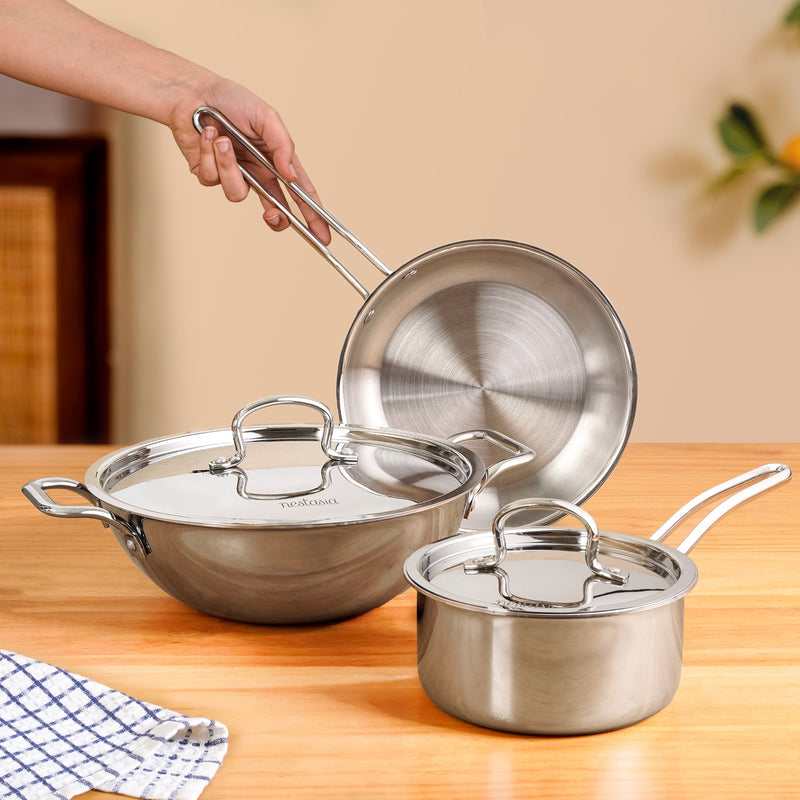 Triply Cookware Set With Kadai Frying Pan And Sauce Pan