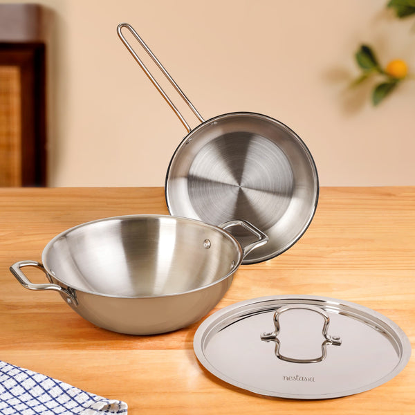 TriCore Stainless Steel Kadai With Lid And Frying Pan Set