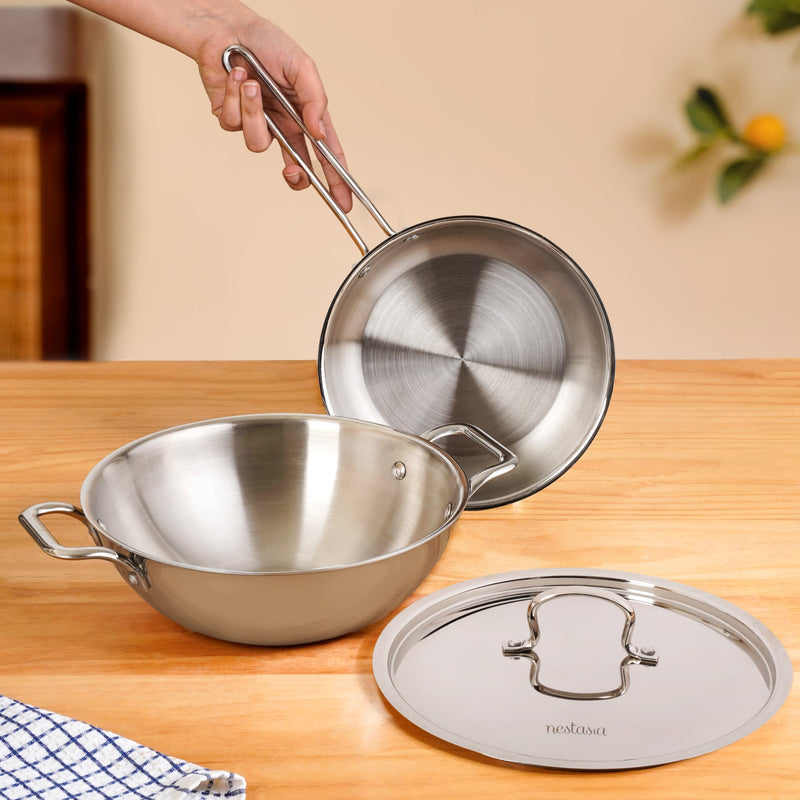 TriCore Stainless Steel Kadai With Lid And Frying Pan Set