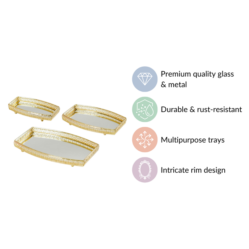 Luxury Mirror Tray Gold Set Of 3