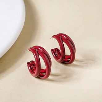 Triple Layer Maroon Semi Hoop Earrings