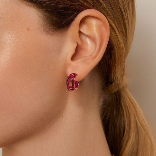 Triple Layer Maroon Semi Hoop Earrings