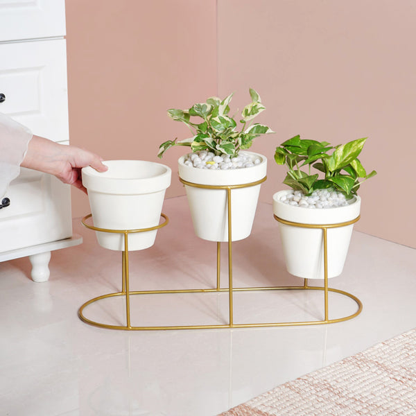 TerraTier Gold Stand With Three White Planters Off White