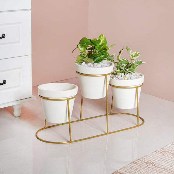 TerraTier Gold Stand With Three White Planters Off White