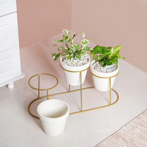 TerraTier Gold Stand With Three White Planters Off White