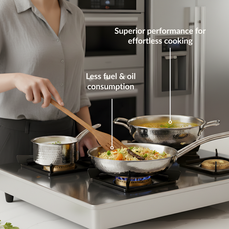 Triply Hammered Cookware Set With Frying Pan Kadai And Saucepan With Lid