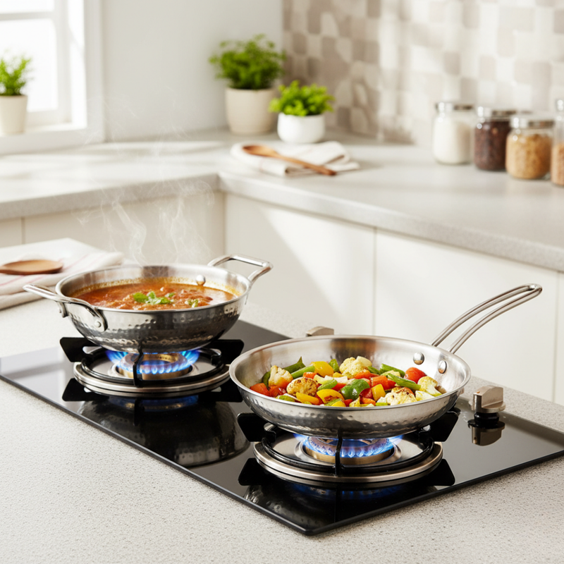 Triply Hammered Stainless Steel Cookware Set With Frying Pan And Kadai With Lid Set Of 2