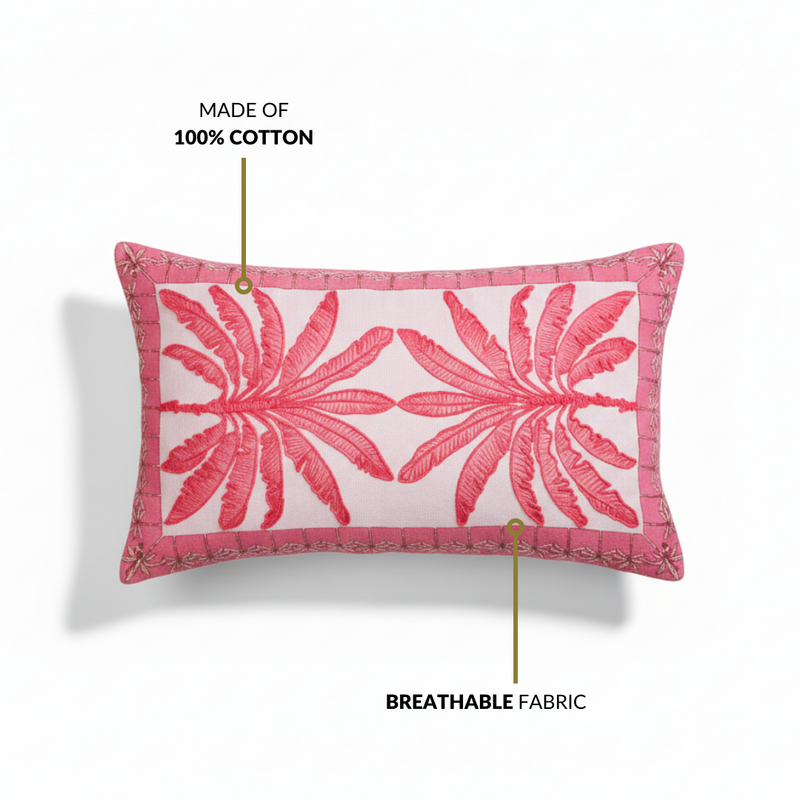 Tropical Blush Embroidered Cotton Cushion Cover 40x40cm