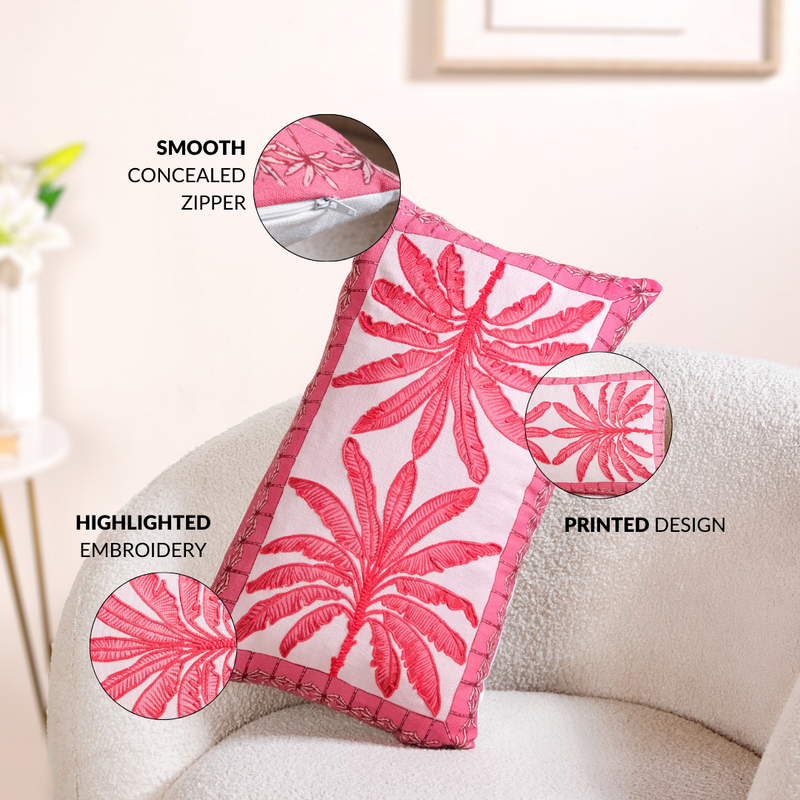 Tropical Blush Embroidered Cotton Cushion Cover 40x40cm