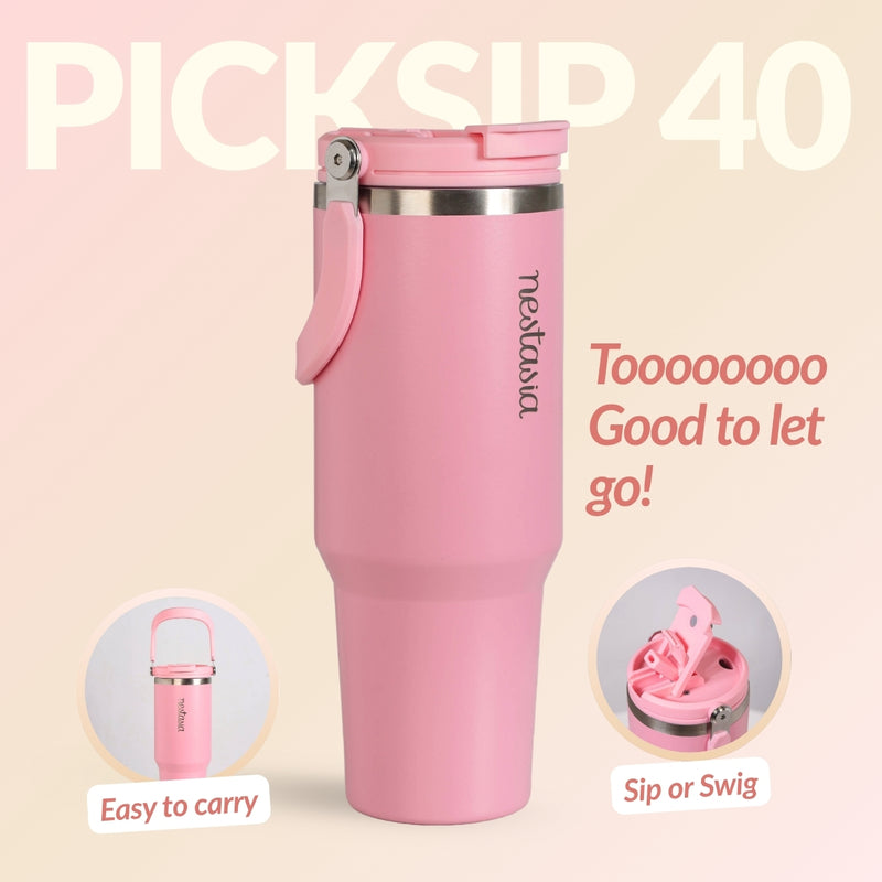 PickSip 40 Insulated Tumbler Bottle With Top Handle Tropical Pink 1200ml