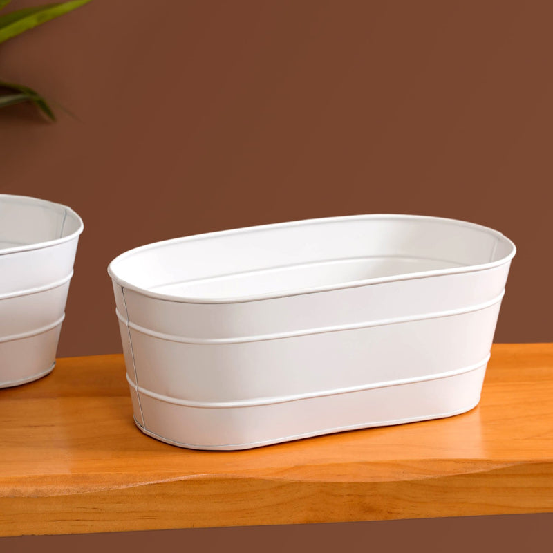 Trough Lined Minimalist Oval Plant Holder Set Of 2 Ivory