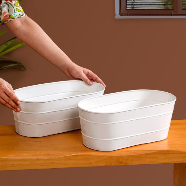 Trough Lined Minimalist Oval Plant Holder Set Of 2 Ivory