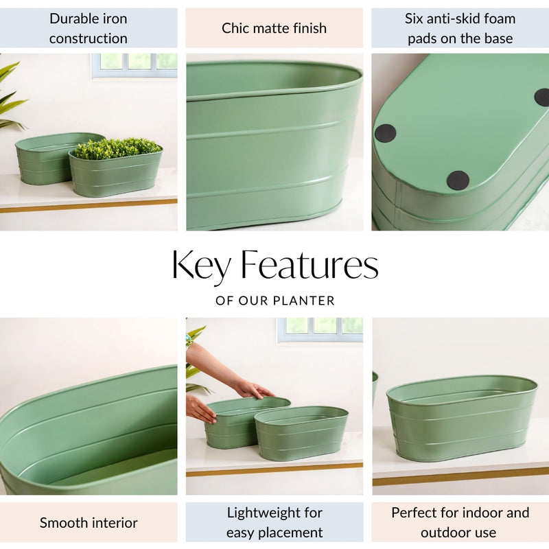 Trough Lined Oval Metal Planter Set Of 2 Sage Green