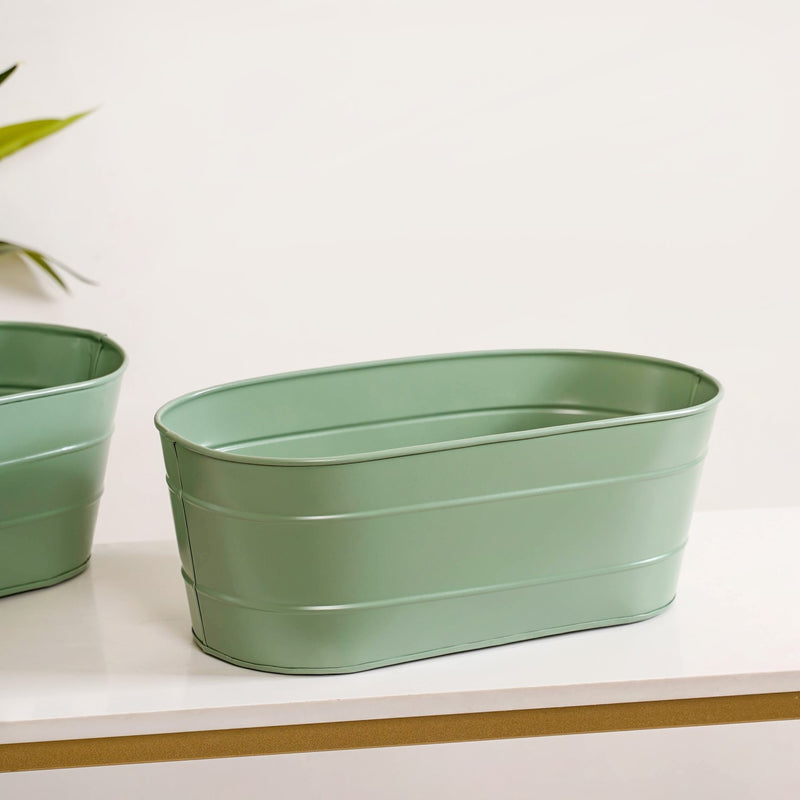 Trough Lined Oval Metal Planter Set Of 2 Sage Green